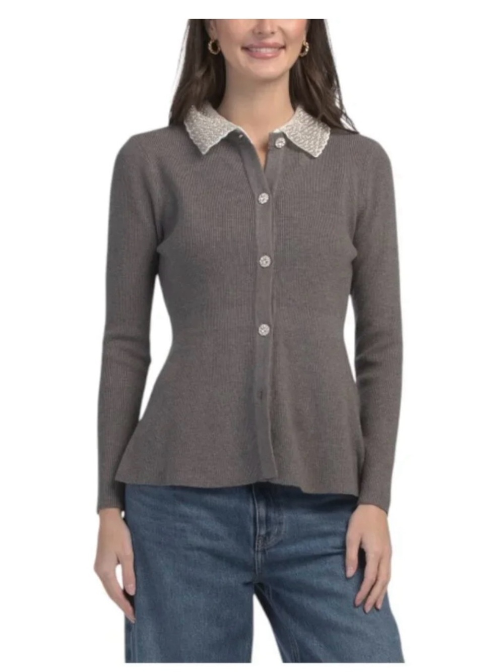 NWT Mila Milano Ribbed Knit Cardigan with Embellished Lace Collar size S